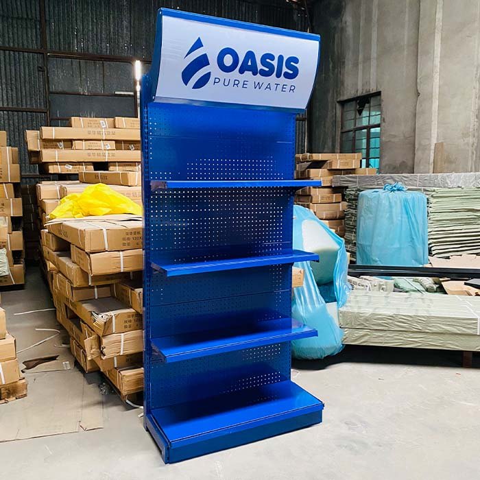Blue Curved Sign Display Shelf
