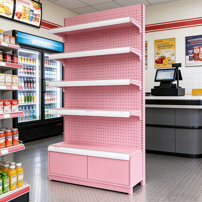 Pink Perforated Back Panel Shelf With Base Cabinet